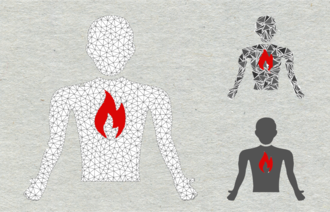 Illustrasjonen er tre tegninger av et menneske som har en flammende ild i brystet