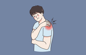 Illustrasjonen viser en mann med vondt i skulder.