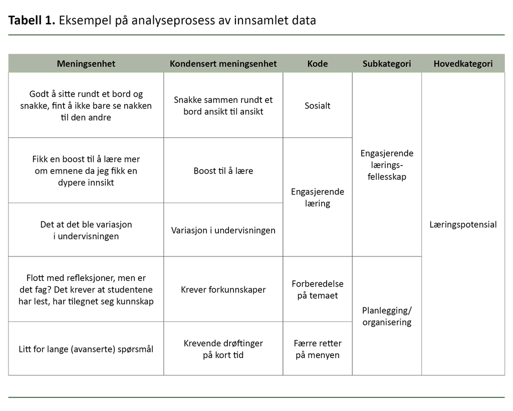 Tabell 1 Eksempel på analyseprosess av innsamlet data