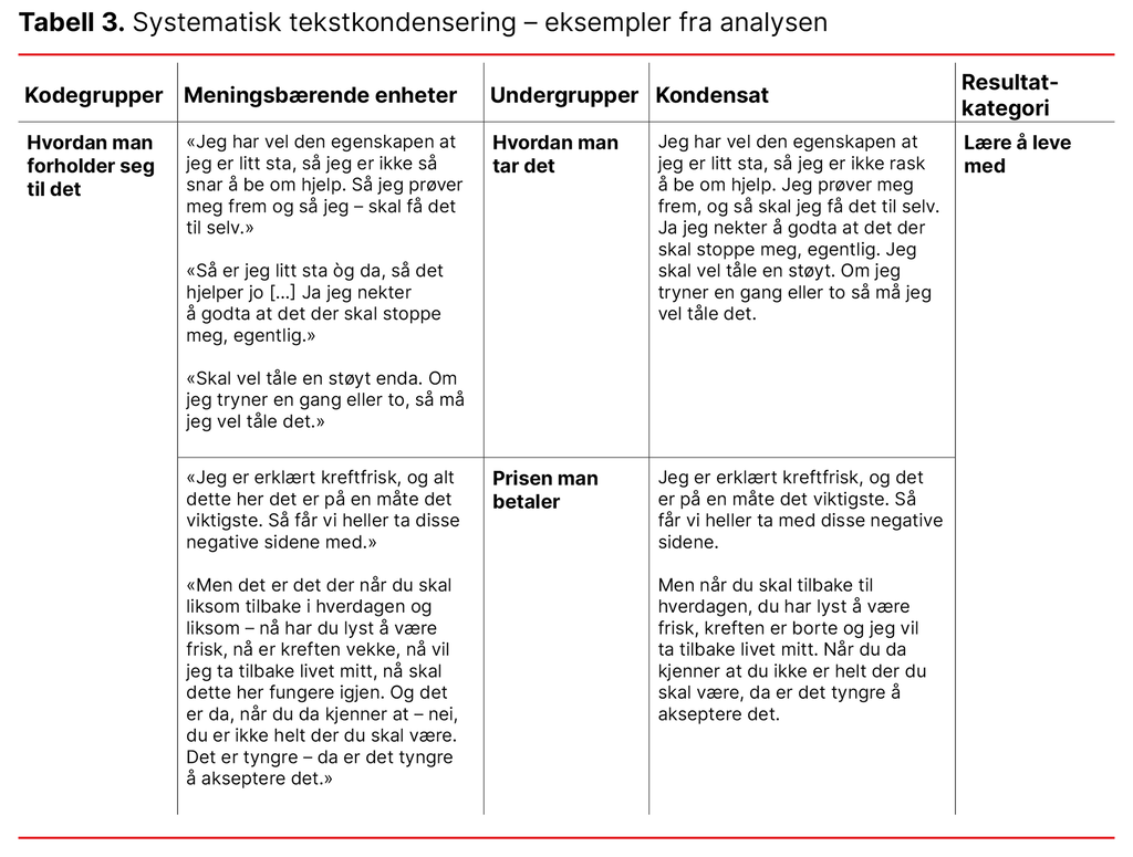 Tabell 3. Systematisk tekstkondensering – eksempler fra analysen 