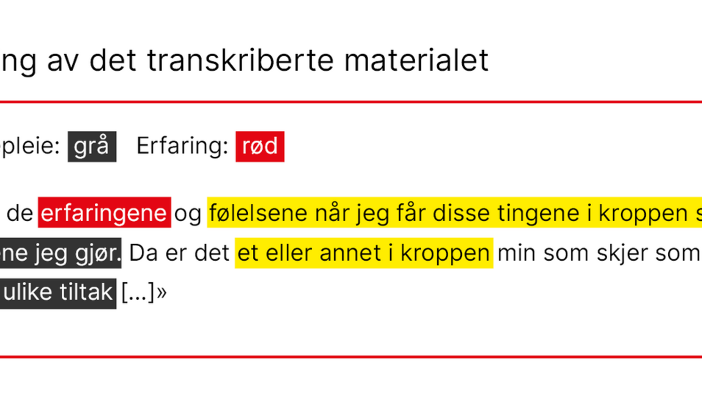 Tabell 1. Eksempel på markering av det transkriberte materialet