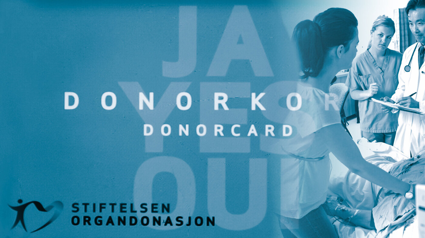Organdonasjon Montasjen viser et organdonorkort. På høyre side ses et bilde av en lege, en sykepleier og en pårørende ved en pasient i senga