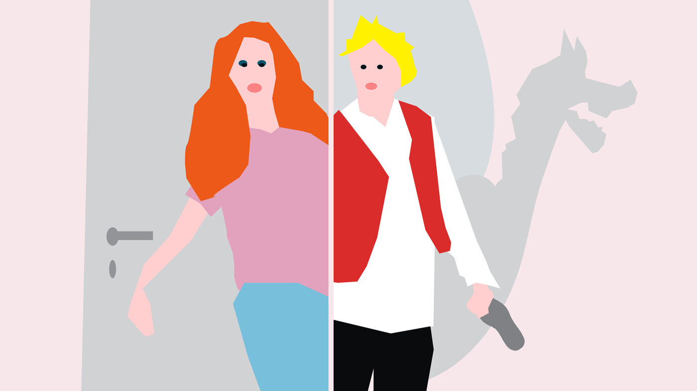 Helsesykepleieren og Askeladden Illustrasjonen viser en kvinne, helsesykepleier, foran en kontordør. Hun "speiles" i en mann, Askeladden, som holder en skosåle. I bakgrunnen ses et dragehode fra eventyrene